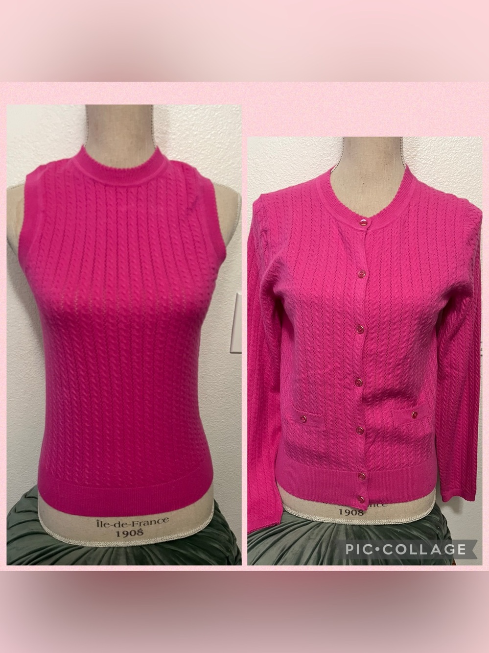 Women's Cable-Knit Sleeveless Top & Cardigan Set in Fuchsia